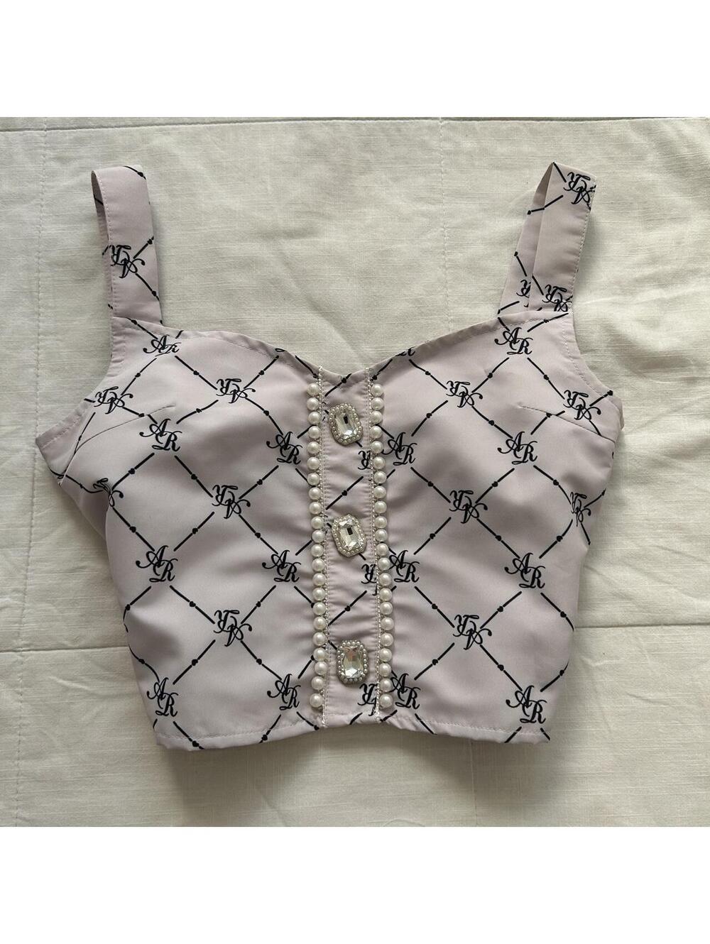 Ank Rouge Pink Monogram Crop Cami Pearl Jeweled Tank Jirai Kei Size Small Japan